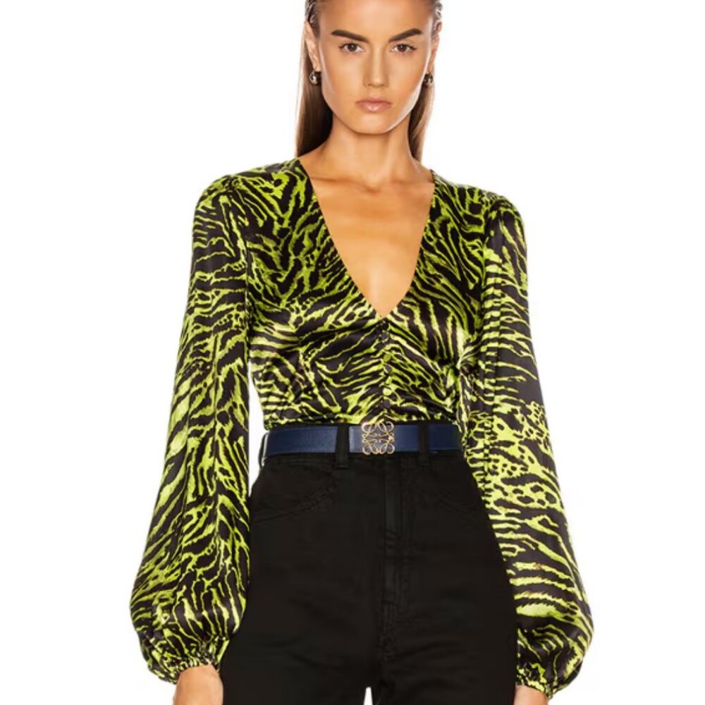 GANNI GREEN TIGER SILK TOP